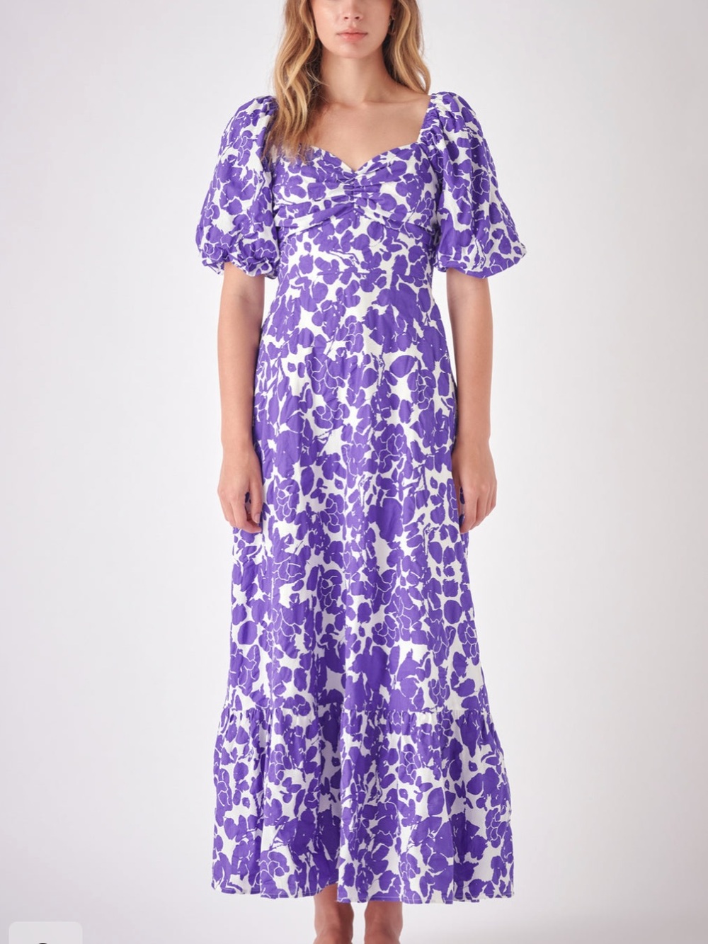 Free the Roses Purple and White Floral Maxi with Puff Sleeves